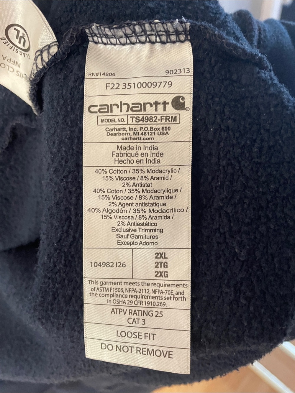 Carhartt FR Flame Resistant loose fit navy full zip front hoodie men’s size 2X - Picture 12 of 16